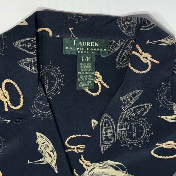 VTG Ralph Lauren Nautical 100% Silk Top Long Roll Tab Sleeve Navy Blue Size PM - Picture 10 of 13
